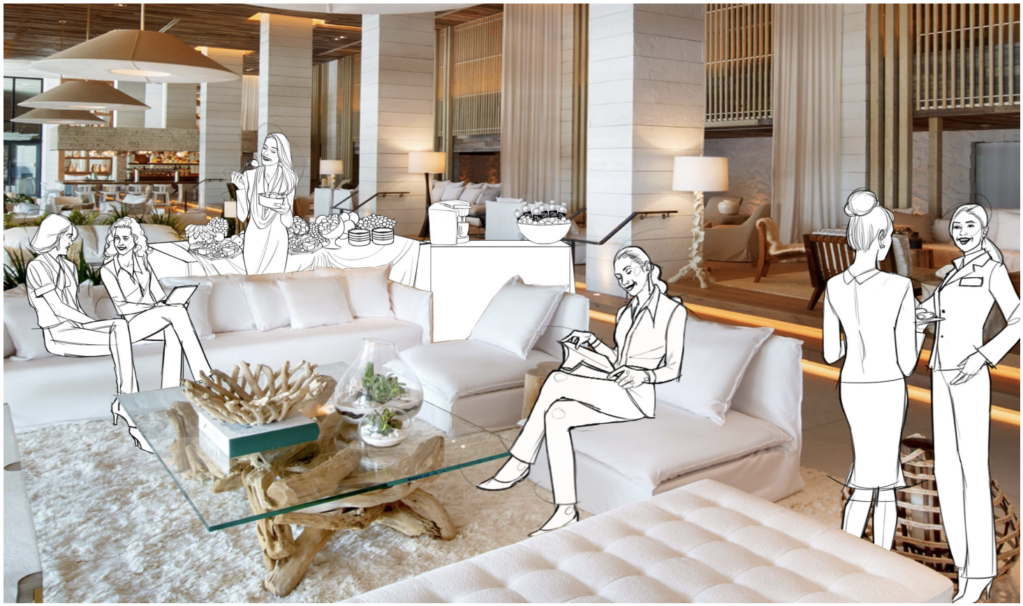 Concept sketch of SaksFirst lounge experience overlaid on interior photo