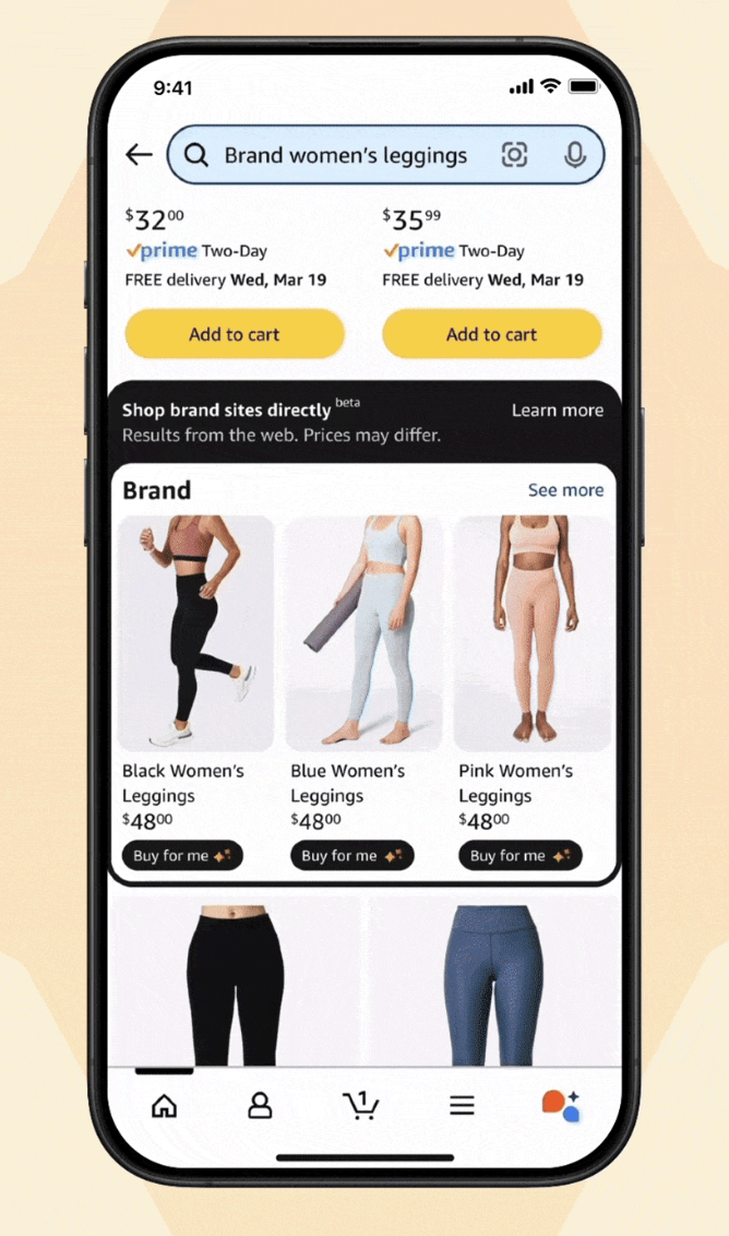 Amazon agentic commerce search results showing third-party brand sites